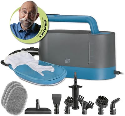 Handstoomreiniger – krachtige stoomreiniger voor bekleding met een temperatuur van 100 °C, verwijdert tot 99,9% van de bacteriën zonder chemicaliën | inclusief stoomhandschoen, 7 opzetstukken | 45 minuten gebruiksduur, 1 l tank, 1200 watt