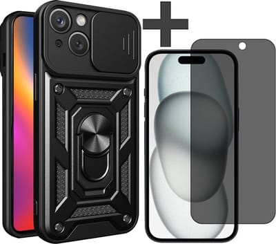 Hoesje met Privacy screenprotector Geschikt voor iPhone 15 met Ringhouder en Camera schuifje - Arara backcover - Zwart