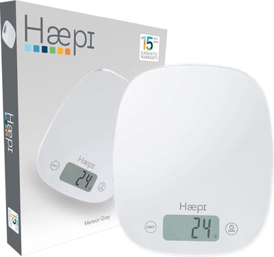 Haepi - Elektronische keukenweegschaal van hoogprecisie glas, 5000g/1g, tarrafunctie, vloeistoffunctie, modern en afgerond ontwerp, groot scherm en grote cijfers, batterijen inbegrepen
