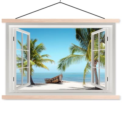 Posterhanger incl. Poster 150x100 cm - Schoolplaat - Doorkijk - Strand - Palmboom - Boot - Tropisch - Zee - Blauw - Textielposter - Blanke latten