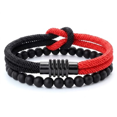 Set van 2 heren armbanden – zwart/rood koordarmband & zwarte kralenarmband – elastisch en verstelbaar