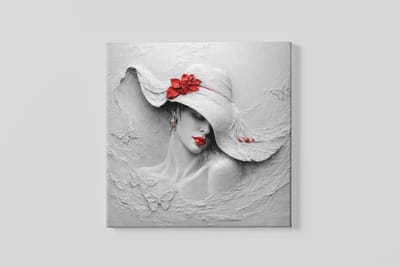 Vierkant Canvas Schilderij Vrouw - Zwart Wit met Rode Accenten - 3D Reliëf Stijl Moderne Wanddecoratie - 60 x 60 cm