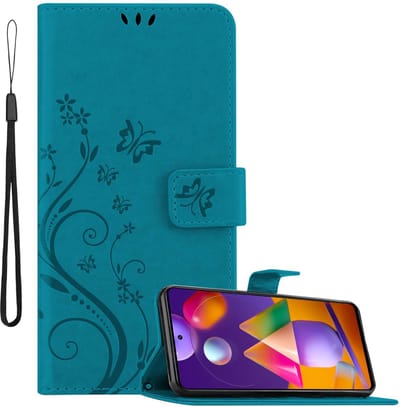 Cadorabo Hoesje geschikt voor Samsung Galaxy M31s in BLOEMEN BLAUW - Beschermhoes in bloemmotief met magnetische sluiting, standfunctie en kaartsleuven Book Case Cover Etui