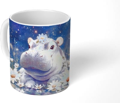Mok - Koffiemok - Nijlpaard - Madeliefjes - Sterrenhemel - Mokken - 350 ML - Beker - Koffiemokken - Theemok