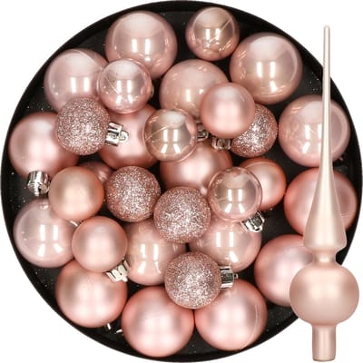 Kerstversiering kunststof kerstballen met glazen piek lichtroze 6-8-10 cm pakket van 42x stuks - Kerstboomversiering