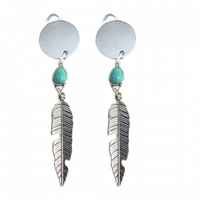 Clip oorbellen -turquoise- veer -Tibetaanse look- zilverkleur- geen gaatje- Charme Bijoux
