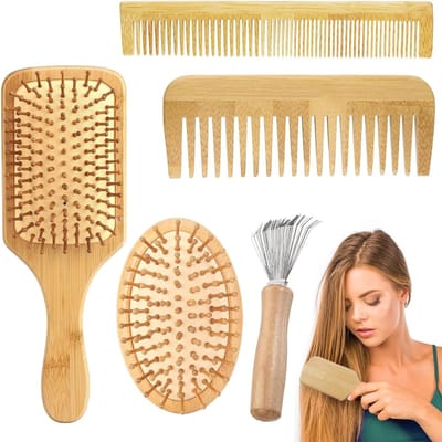 Houten Bamboo Haarborstels en Kam Set – Massage voor Dikke, Rechte, Krullende en Golvende Haar – Geschikt voor Droog en Nat Haar