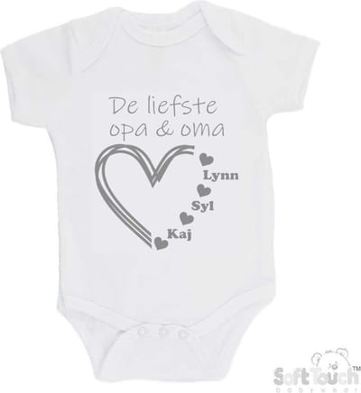 100% katoenen Romper "De liefste opa & oma met de namen van 3 kleinkinderen" Unisex Katoen Wit/grijs Maat 56/62