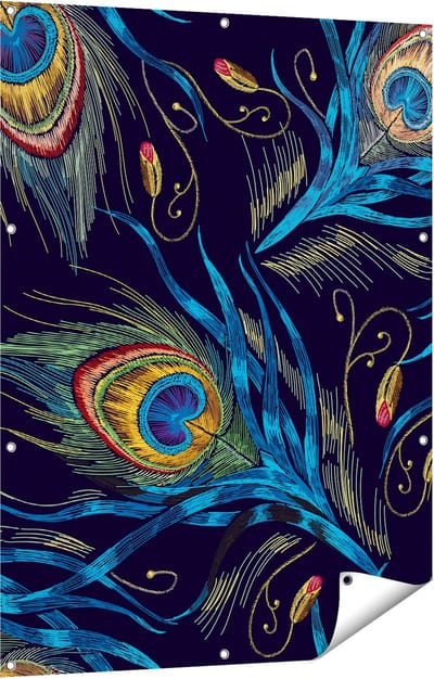 Gards Tuinposter Getekende Pauw Veren Achtergrond - 90x120 cm - Tuindoek - Tuindecoratie - Wanddecoratie buiten - Tuinschilderij