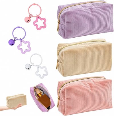 Make-uptas set van 3 met sleutelhanger - Corduroy cosmeticatas met ritssluiting, grote toilettas voor reizen en organiser in paars, beige en roze