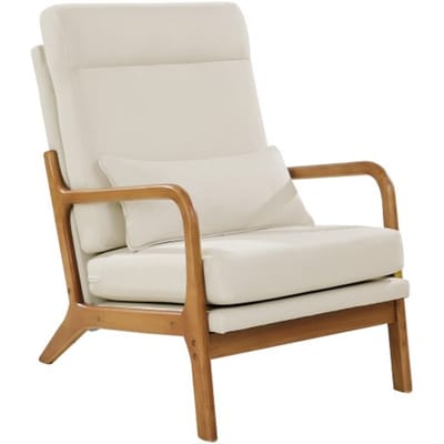 VEVOR Accent Chair Modern met hoge rugleuning, massief houten frame en antislippoten, gestoffeerde vrijetijdsstoel met linnen stof en 135 mm dik kussen, voor de slaapkamer