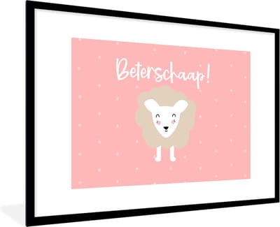 Fotolijst incl. Poster - Get well soon - Quotes - Roze - Schaap - 120x80 cm - Posterlijst