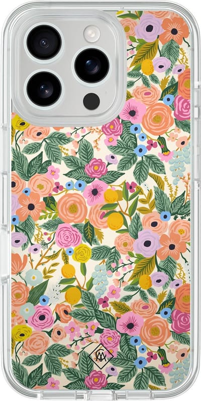 Casimoda® hoesje - Geschikt voor iPhone 16 Pro - Pink Gardens - 2-in-1 case - Schokbestendig - Bloemen - Verhoogde randen - Roze, Transparant