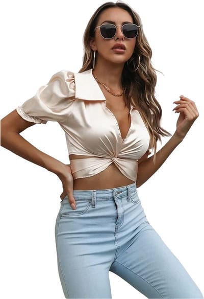 Stijlvol Kort Shirt - Champagne - Dames - Topje - Blouse