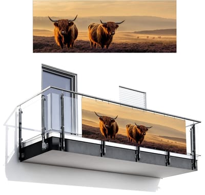Balkonscherm 300x110 cm - Balkonposter Schotse hooglanders - Heide - Landschap - Dieren - Balkon scherm decoratie - Balkonschermen - Balkondoek zonnescherm