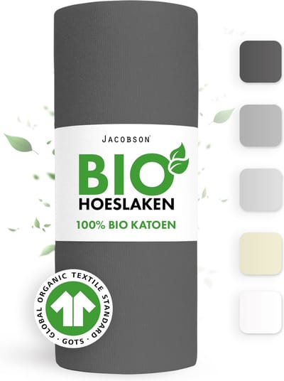 Jacobson Hoeslaken – 100% Biologisch Katoen – 140x200 cm – tot 25cm matrasdikte– 160 g/m² – Antraciet