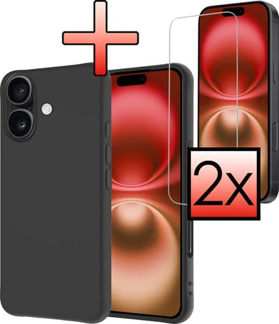 Hoesje - Met 2x Screenprotector - Geschikt voor Apple iPhone 16 - Sterk & Shockproof - Back Cover - Siliconen Case - Telefoon Hoes - Zwart