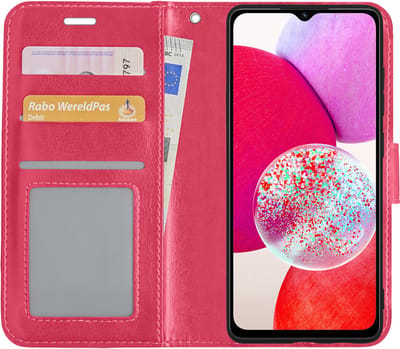 Hoesje - Met Pasjeshouder - Geschikt voor Samsung Galaxy A14 - Luxe Bookcase Portemonee - Flip Case - Kunstleer Book Case - Flipcase - Book Cover - Walletcase - Portemonneehoes - Donkerroze
