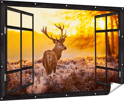 Gards Tuinposter Doorkijk Hert in Bos tijdens de Zonsopkomst - 180x120 cm - Tuindoek - Tuindecoratie - Wanddecoratie buiten - Tuinschilderij
