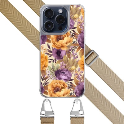 Hoesje met koord - Geschikt voor iPhone 15 Pro - Floral mix - Verstelbaar zwart koord - Oranje, Paars - Bloemen - Leuke Telefoonhoesjes