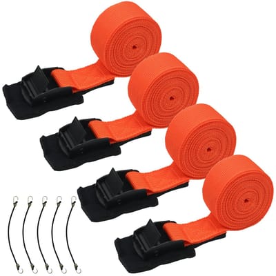 4 Spanbanden Set - Met gepolsterde klemgesp, 250 kg belastbaarheid en 5 spanrubbers - Voor fietsendrager, motor en auto - Oranje, 2,5 cm x 4 m