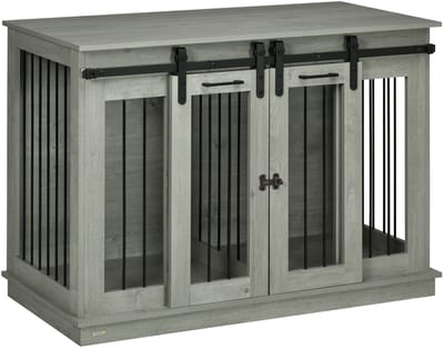 PawHut Hundekäfig, Hundehütte mit Zweiraum-Option, Haustierkäfig mit Doppeltüren, Hundebox, Hundehaus für Mittelegroße Hunde, 120 x 60 x 88,5 cm, Grau