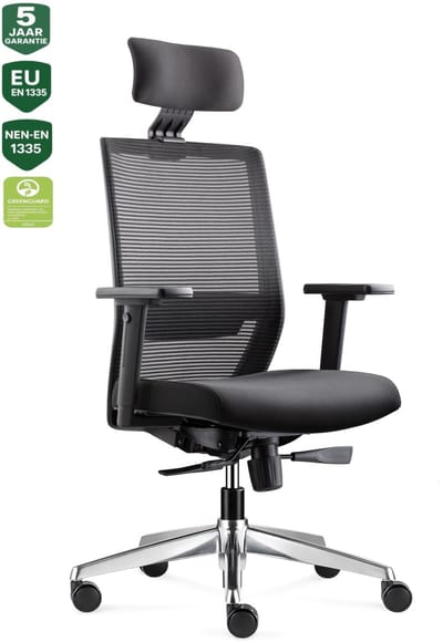 BENS 850H-Ergo-3 - Ergonomische Bureaustoel - Bureaustoelen voor volwassenen - Kantoorstoel - Incl. Hoofdsteun - Gepolijst aluminium voetenkruis - GREENGUARD GOLD - NEN-EN1335 & ARBO normen