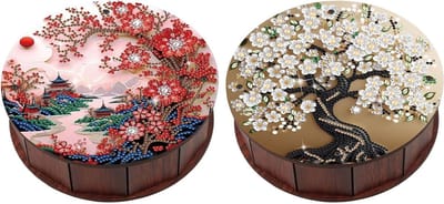 CXINLky Diamond Art Painting Ronde vorm opbergdoos, Diamond Art Box, sieradenkistje met deksel, opbergdoos, houten organizer, geschenkdoos, 2 stuks A