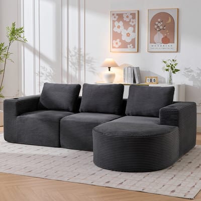 L-Bank, 3-Zits Bank, Hoekbank 265 cm brede Bank met drie Kussens (Verenkussens + Twee Plastic Bekerhouders) - comfortabele 3-zitsbank voor Kleine Woonkamers, Appartementen en Kantoren, Grijs