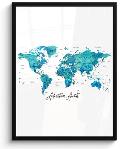 Poster in lijst - Fotolijst 60x80 cm - Posters - Wereldkaart - Blauw - Kleurrijk - Posterlijst zwart - Decoratie - Wanddecoratie woonkamer - Muurdecoratie slaapkamer