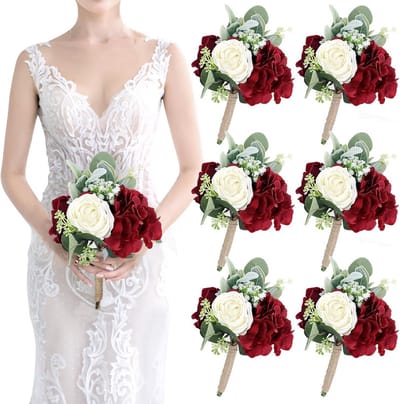 Set van 6 Zijden Bruidsmeisjes Boeketten Bordeauxrood en Wit voor Bruiloft
