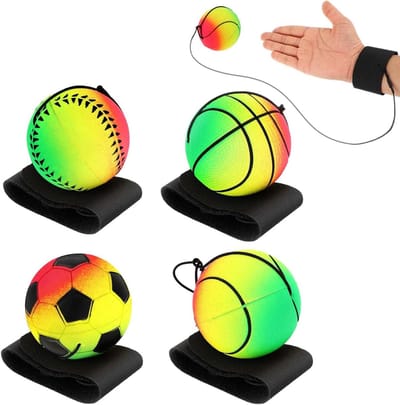 Set van 4 Pols Terugslagballen met Koord, Springbal en Rubber Reboundbal voor Kinderen en Volwassenen, Ideaal voor Spel en Polsoefeningen
