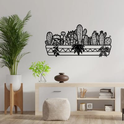 Metalen Wanddecoratie Cactus – 3D Wandkunst – Zwart – 70 x 35 cm