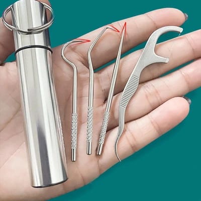 1Set Tandenstoker Set Metaal Roestvrij Staal Mondreiniging Tandenflossen Draagbare Tandenstoker Flos Tandenreiniger met Opbergkoker gray