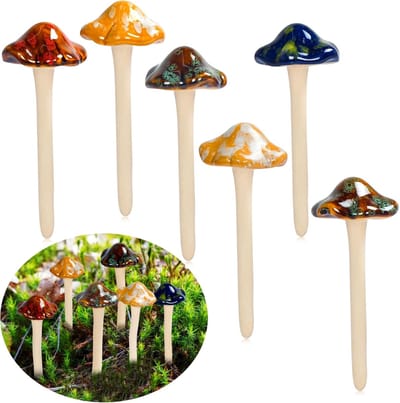6 stuks keramische paddenstoel kleurrijke tuinpaddenstoelen Toadstool vliegenzwam decoratie tuin potten keramiek ornament voor Fairy Garden bloempot gazon