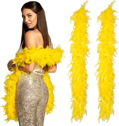 Boland Carnaval verkleed boa met veren - 2x - geel - 180 cm - 50 gram - Glitter and Glamour - verkleed accessoires