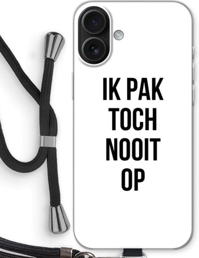 Case Company® - Hoesje met koord geschikt voor iPhone 16 Plus hoesje met Koord - Ik pak nooit op - Telefoonhoesje met Zwart Koord - Bescherming aan alle Kanten en Over de Schermrand