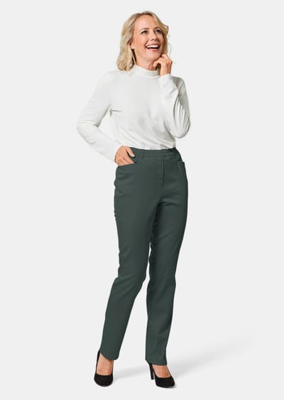 Broek LOUISA met elastische tailleband, van katoen-satijn - donkergroen - Gr. 19 van Goldner Fashion