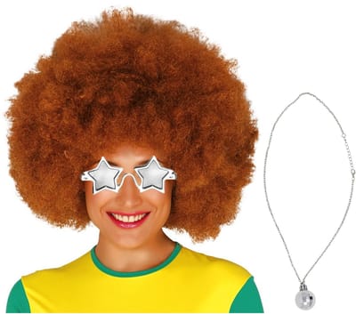 Funny Fashion Carnaval verkleedset afropruik bruin - ster zonnebril - Discobal ketting - Disco/seventies danser