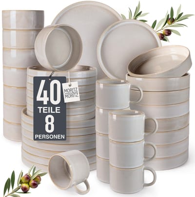 Moritz & Moritz CASTELLO 40-delige Serviesset voor 8 Persoons – Bordenset Aardewerk Grijs – Servies met Dinerborden, Dessertborden, Soepborden en Kopjes