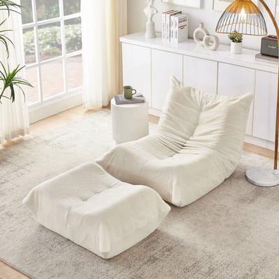 MODFU Vloerstoel Met Rugleuning En Voetenbank - Zachte Teddystof - Voor Woonkamer Of Slaapkamer - Schuim - Beige