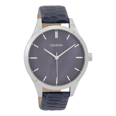 OOZOO Timepieces - Zilverkleurige horloge met donker blauwe leren band - C9721