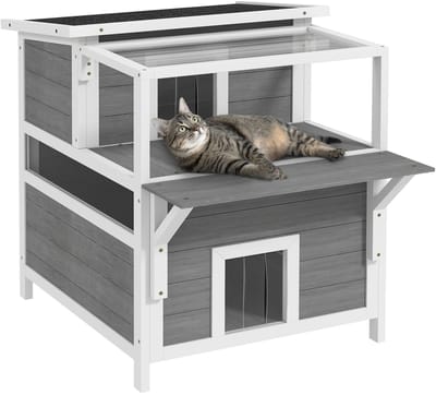 Velmio Kattenhuis Voor Buiten - Met Balkon - 2 Verdiepingen - Met Deurflap - Kleine Huisdieren - 4 Seizoenen - Weerbestendig - Dennenhout - Wit/Grijs - 87×64×76cm