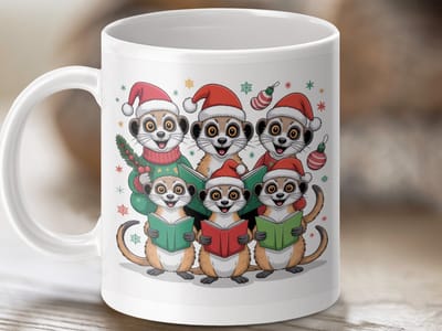 Mok Kerst Zingen Stokstaartjes Mok, Feestdagen Stokstaartjes, Kerst Cadeau Mok, Vrolijk Kerstfeest Mok, Winterse Dieren Mok, Kerstmis Mok