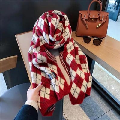 Automne et Hiver Écharpe Coréenne Tricotée en Laine Imprimée Épaissie Chaleur et Écharpe Longue Châle rouge