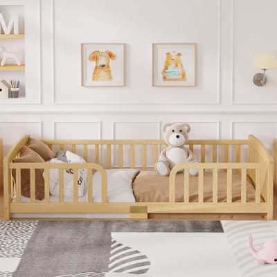 Montessori Bed 90x200 Kinderbed Hout Peuterbed Natuur Huisbed Veiligheidsrek Lage Instap