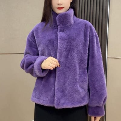 Manteau en fourrure imprimé léopard à col montant court et tendance pour femme en hiver, chaud et ample L (120-70 kg) violet