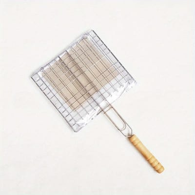 Pince de Barbecue Réutilisable pour Viande et Poisson Support Manche en Bois Grille Métallique Pliable Tapis de Grillade Panier de Grillade