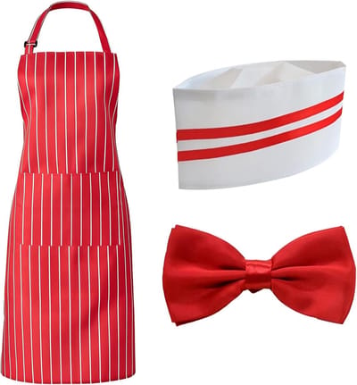 Koks schort set 3-delig - rood-wit gestreept - met hoed en zakken - ideaal voor BBQ en koken - SnelShoppen