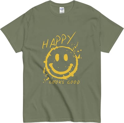 T Shirt met Smiley en Tekst: Happy Looks Good - Dames en Heren - Khaki Groen - S